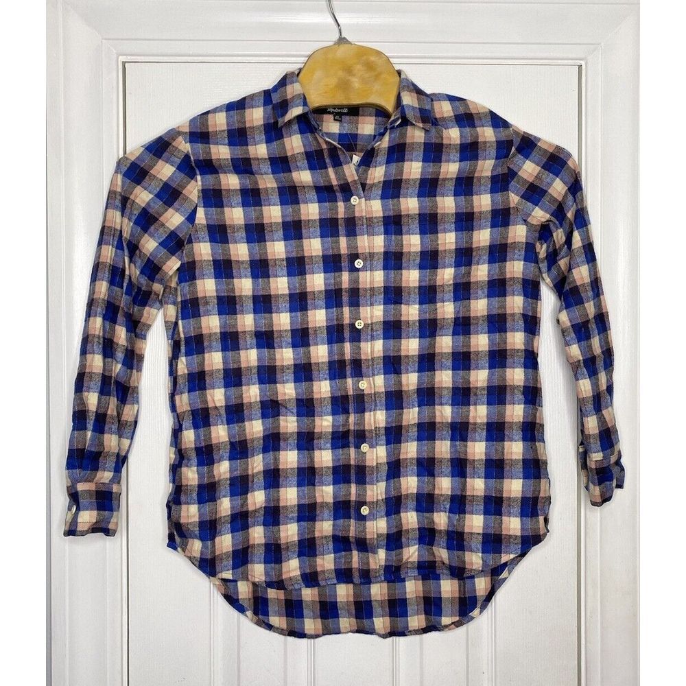 Madewell Women's Flannel Sunday Shirt in Delgany Plaid Blue Shadow XS New‎